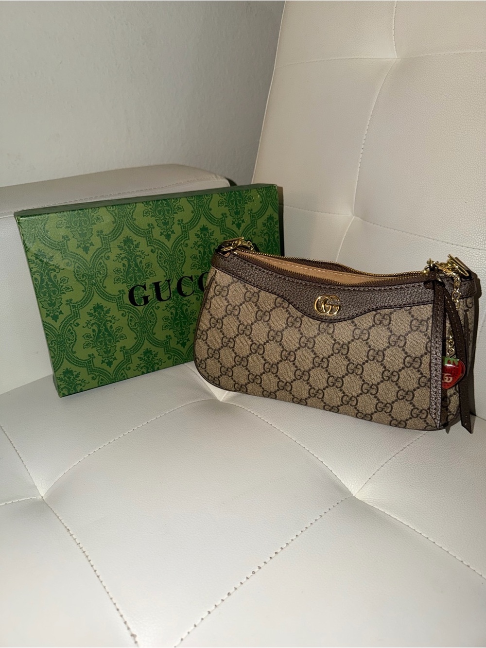 Gucci Beige GG Canvas Mini Shoulder Bag with Brown Trim and Red-Green Web Strap - Picture 5 of 8